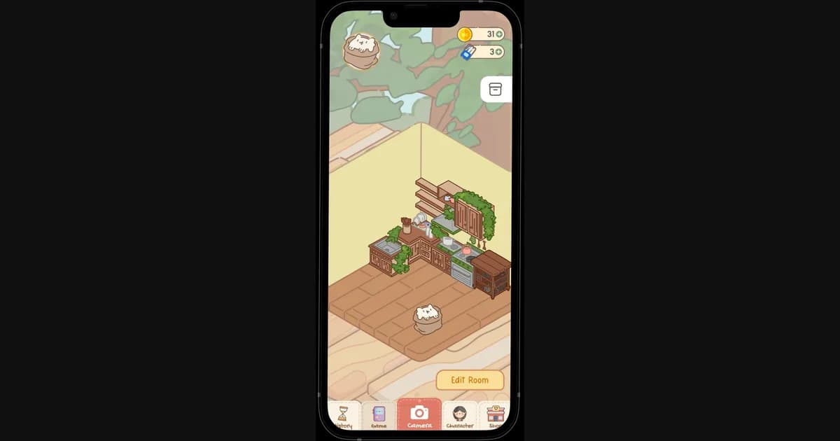 Byte In mobile game interface showing a virtual kitchen and cat companion.